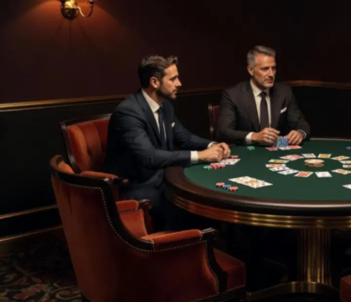 Kártyalounge esti hangulatban, fotelokkal és kártyaasztallal