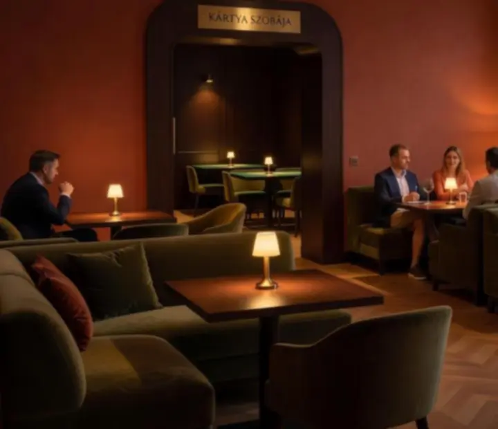 Espresso tónusú lounge részlet finom megvilágítással a Dinner Place-ben