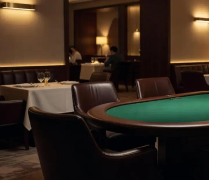 Offline poker lounge esti hangulattal, megvilágított pokerasztalokkal