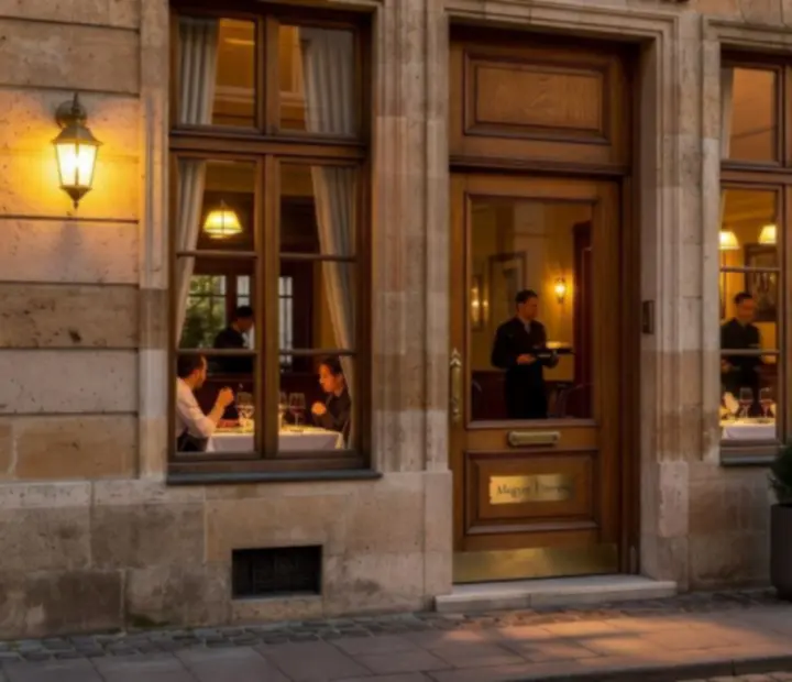 A Dinner Place étterem esti, kivilágított homlokzata Budapesten