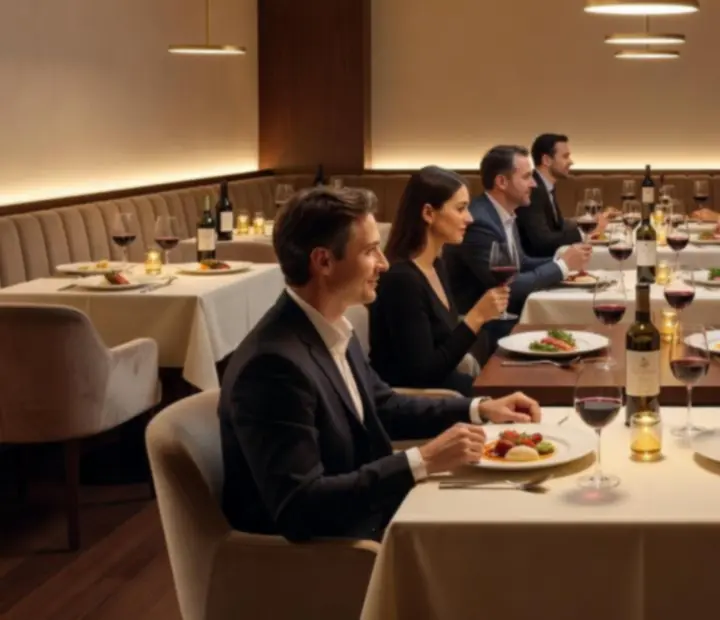 Dinner Place étterem meleg, esti enteriőrrel és kényelmes vacsoraasztalokkal